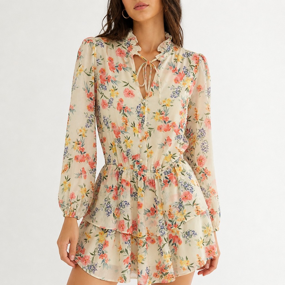 Yumi Kim Love Always Tiered Mini Dress Womens Small Mulberry Ivory Floral Ruffle